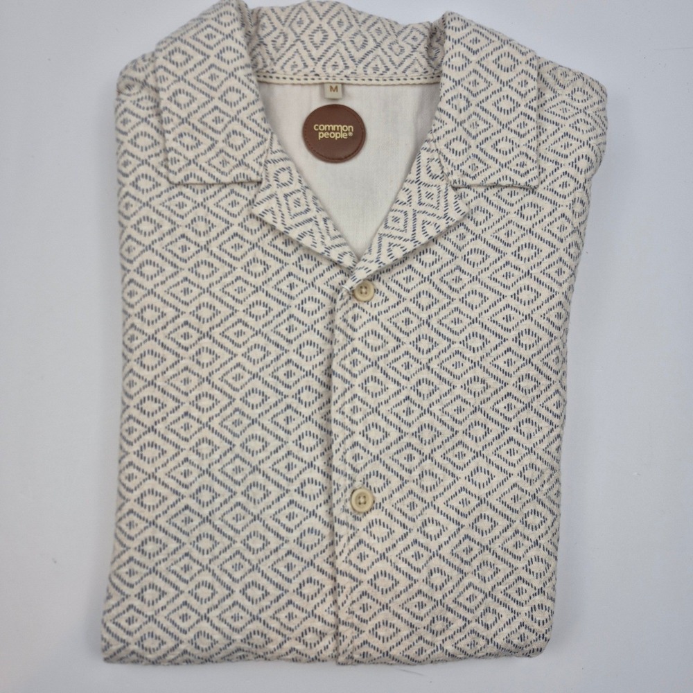 Common People Mens M Linen Blend Shirt Diamond Print Beige Blue NWT Short Sleeve